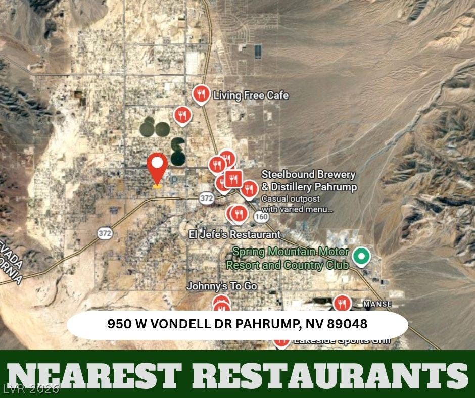 950 Vondell Drive, Pahrump, NV 89048 An aerial map highlights dining options located near the property.