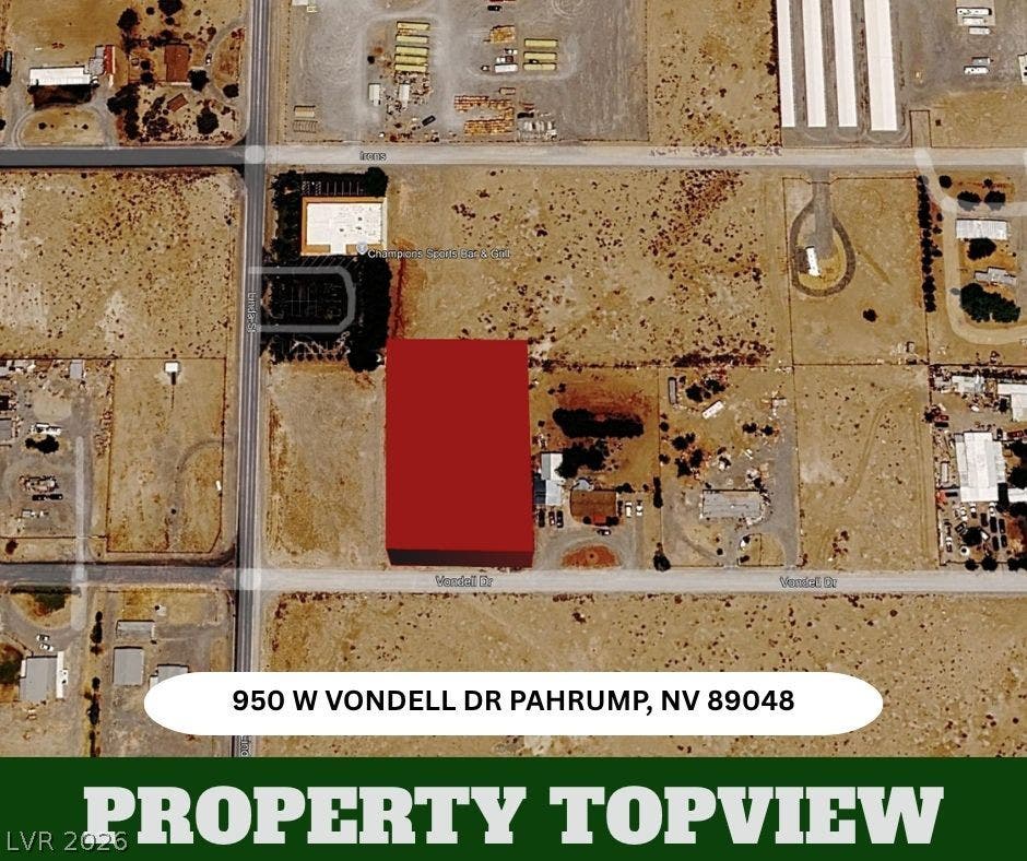 950 Vondell Drive, Pahrump, NV 89048 An aerial perspective highlights the property boundaries and surrounding neighborhood streets.