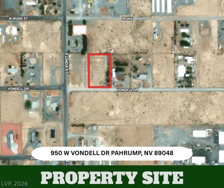950 Vondell Drive, Pahrump, NV 89048 An aerial view highlights the boundaries of this desert lot located on Vondell Drive.