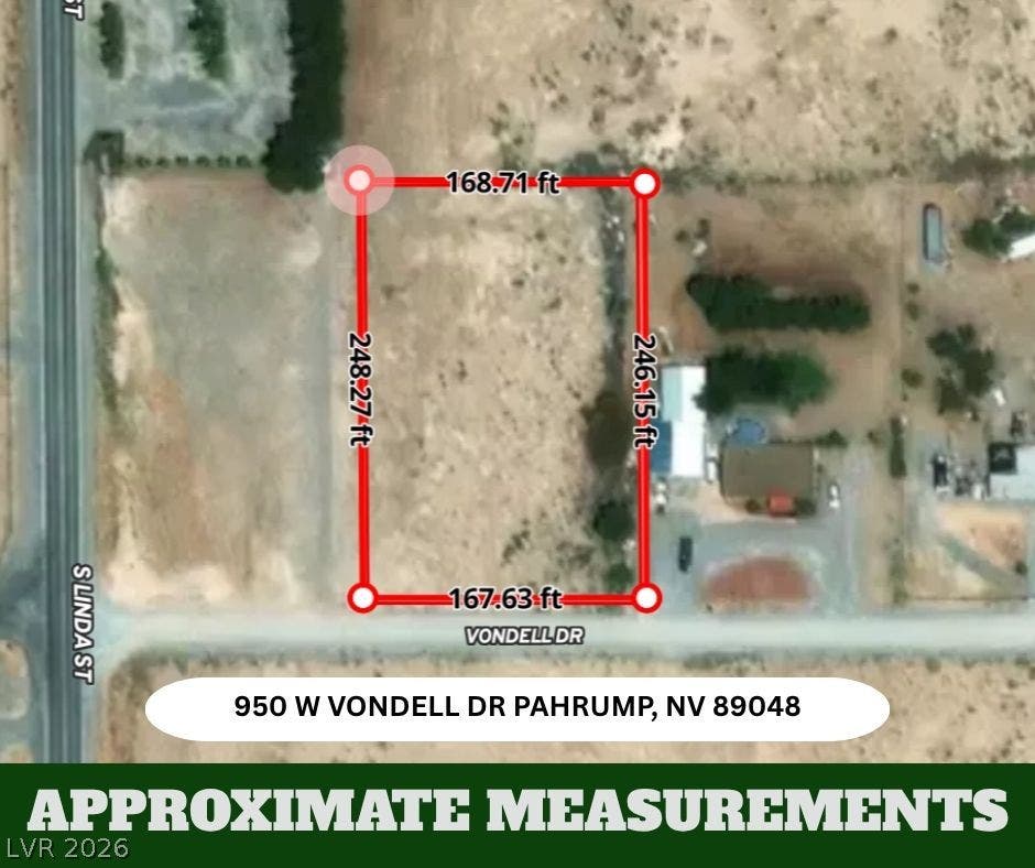 950 Vondell Drive, Pahrump, NV 89048 Approximate property dimensions are outlined on this aerial map view showing the parcel boundaries.