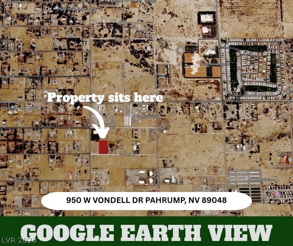950 Vondell Drive, Pahrump, NV 89048 An aerial map highlights the surrounding desert landscape and neighborhood layout of this homesite.