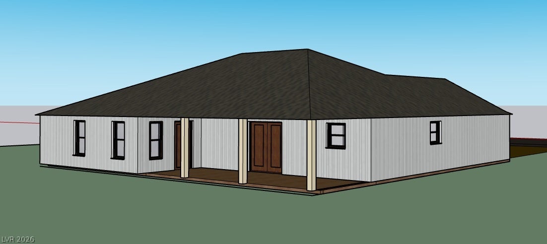 950 Vondell Drive, Pahrump, NV 89048 A spacious covered porch spans the exterior of this modern single-story architectural rendering.