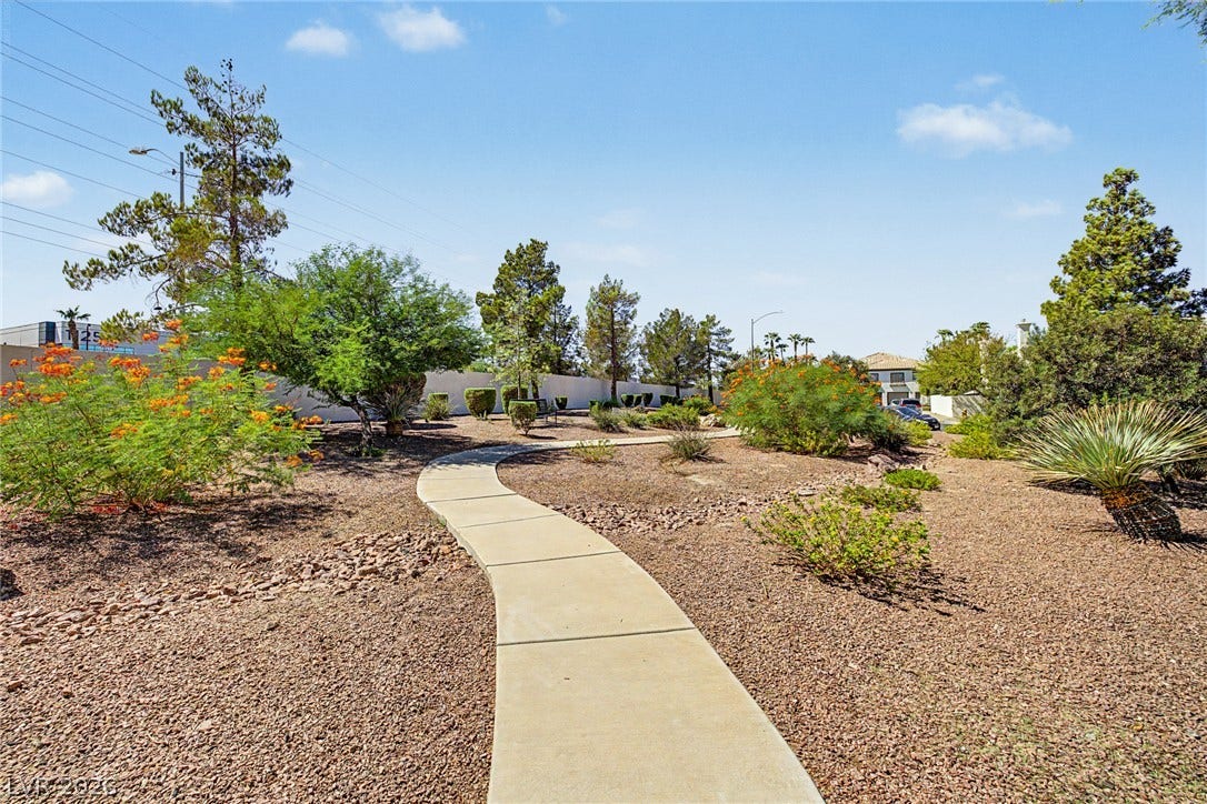 199 Winnsboro Street, Henderson, NV 89074 A winding concrete pathway meanders through low-maintenance desert landscaping under blue skies.
