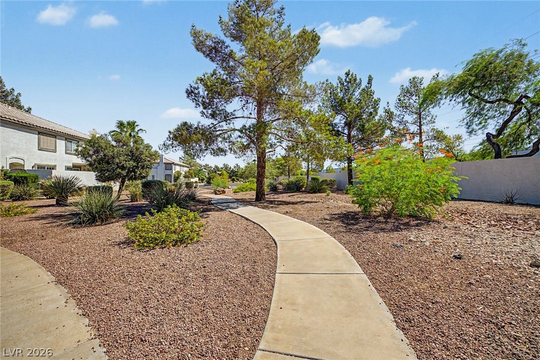 199 Winnsboro Street, Henderson, NV 89074 A winding concrete pathway meanders through desert landscaping dotted with mature pine trees.