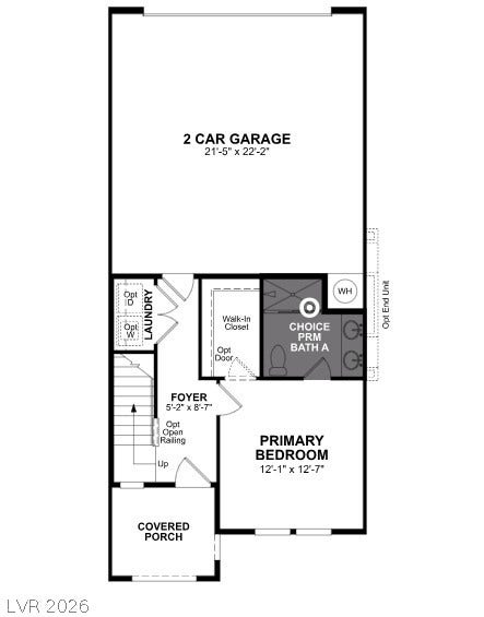 319 Keyboard Place, Henderson, NV 89015 Floor plan highlighting a spacious two-car garage, covered porch entry, and a primary bedroom with an adjoining bath.