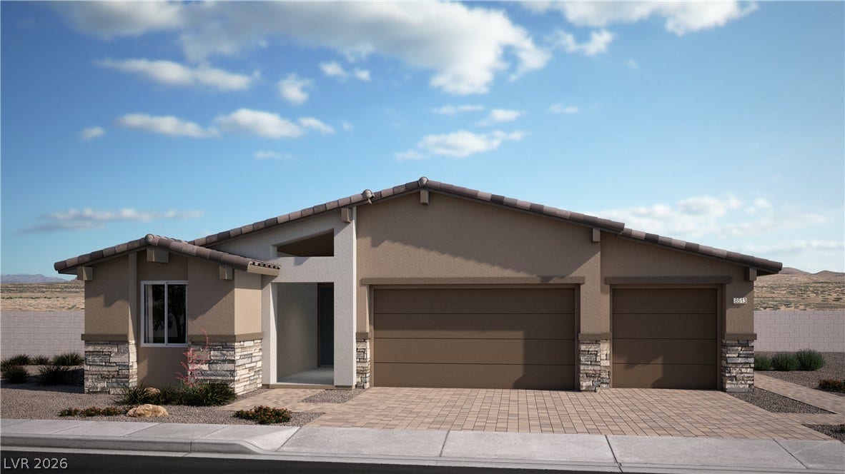 6247 Atlan Pointe Street, Las Vegas, NV 89166 Clean lines and stone accents define this modern single-story exterior under blue skies.