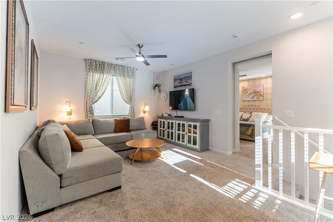 10583 Valletta Avenue, Las Vegas, NV 89166 Plush carpeting anchors this comfortable upstairs loft space featuring clean lines and recessed lighting.