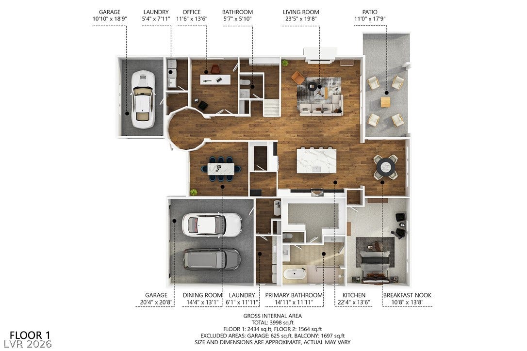 Detailed first floor layout showing the main living areas, dual garages, and kitchen space.