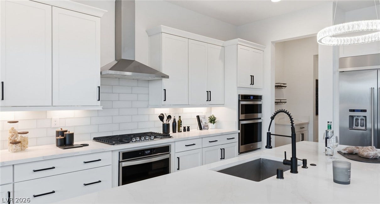 Modern kitchen with white cabinetry and stainless steel appliances.