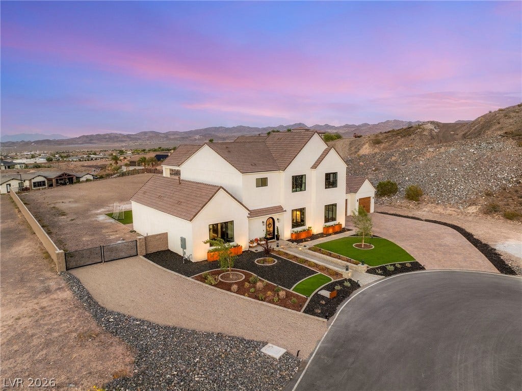 324 Wanda Road, Henderson, NV 89002 Striking desert architecture meets manicured landscaping under an evening sky.