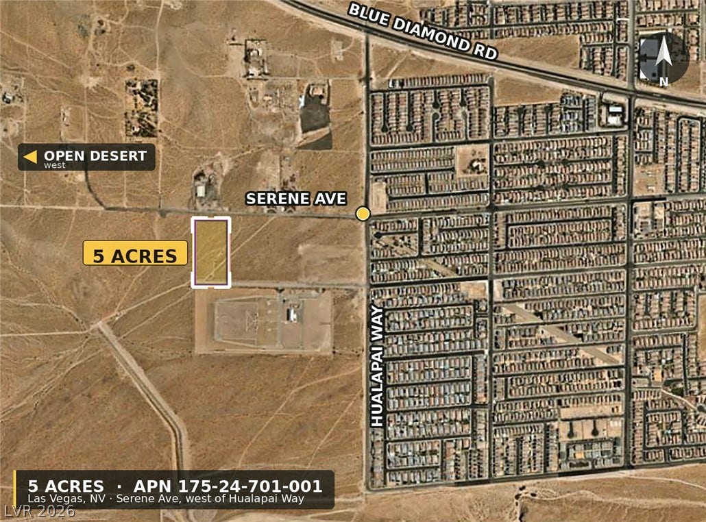 W Serene Av, Las Vegas, NV 89161 An aerial map highlights five acres of prime desert land situated near established residential developments.