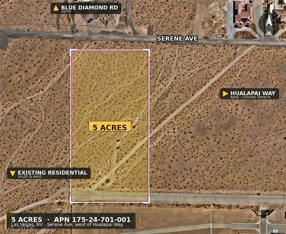 W Serene Av, Las Vegas, NV 89161 An aerial map highlights the expansive five-acre desert parcel outlined near Serene Avenue.