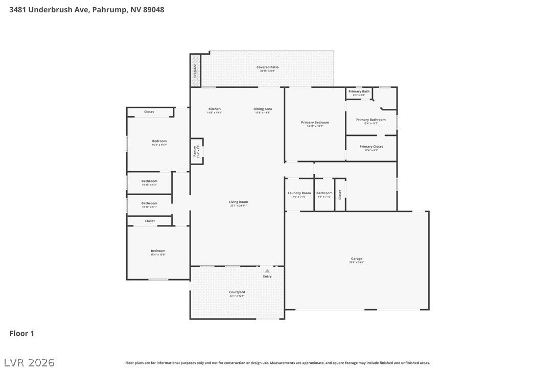 3481 Underbrush Avenue, Pahrump, NV 89048 An organized single-story floor plan layout illustrates the spacious flow of this modern residence.