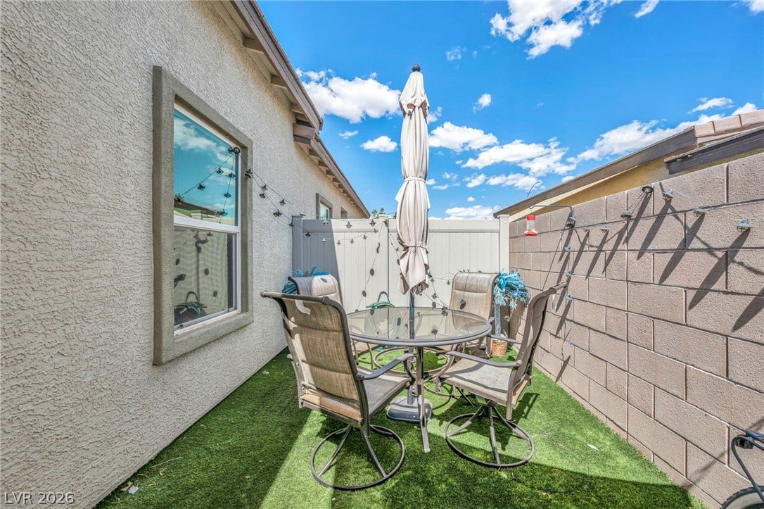 Private outdoor courtyard features durable stucco walls and structured block fencing.