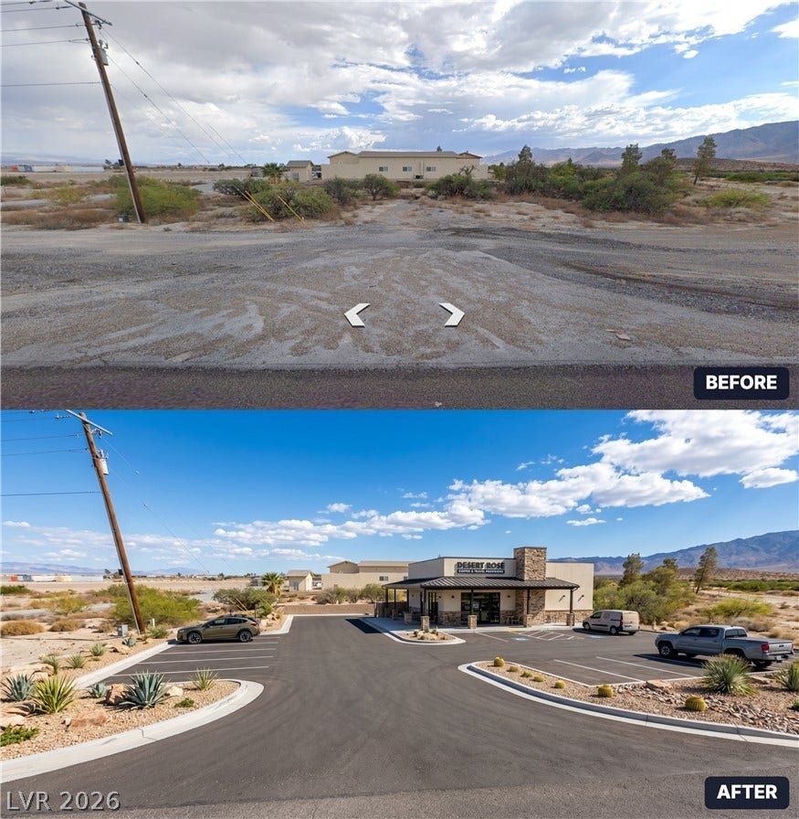 3999 W Nevada Highway 372, Pahrump, NV 89048 Dramatic before and after transformations showcase the newly constructed commercial property and paved parking lot.
