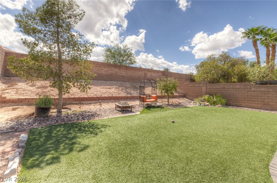 1747 Ashburn Drive, North Las Vegas, NV 89032 A spacious backyard enclosed by privacy block walls features low-maintenance synthetic turf and gravel landscaping.