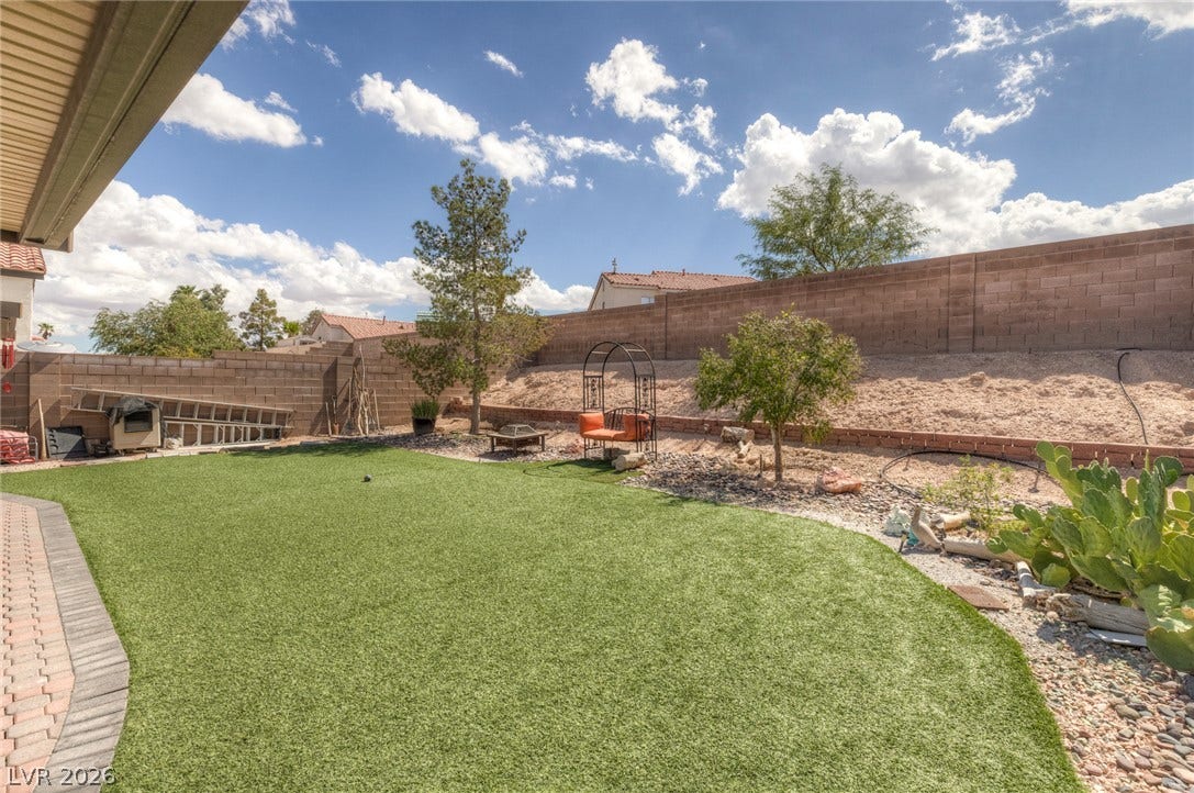 1747 Ashburn Drive, North Las Vegas, NV 89032 An expansive backyard features a lush green synthetic lawn bordered by block wall fencing.