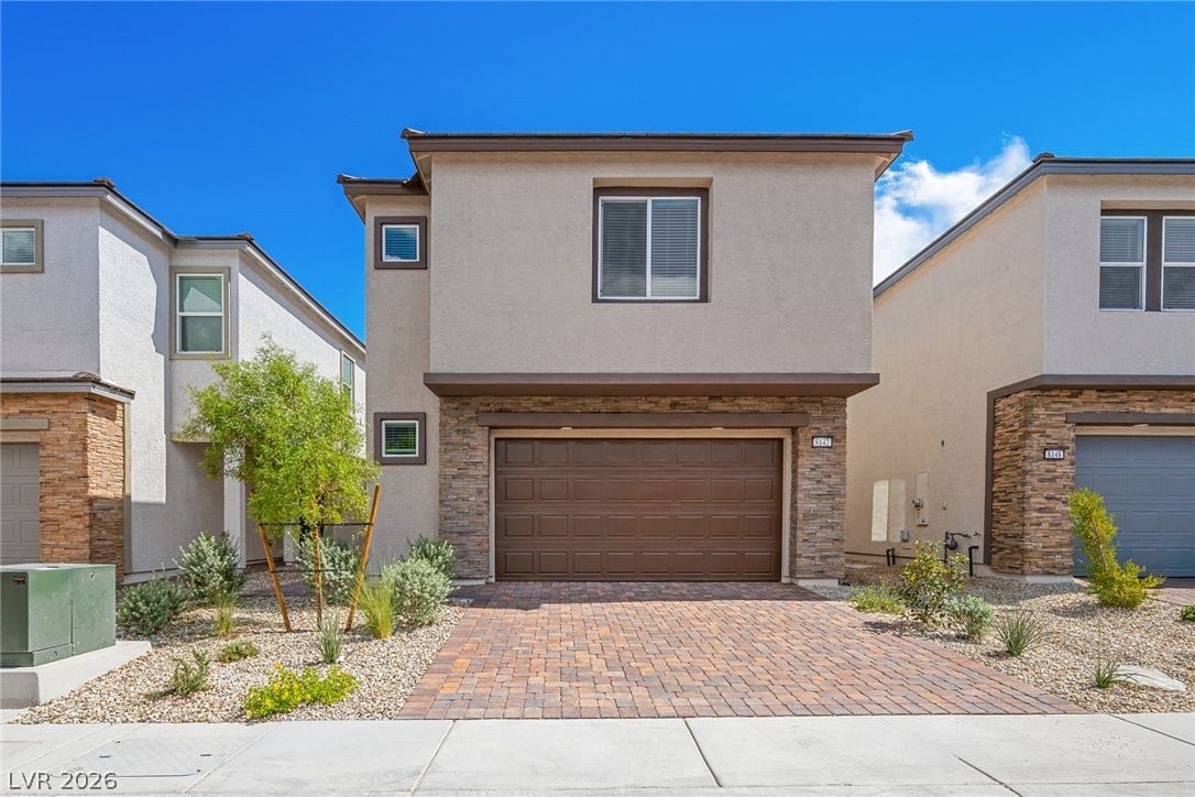 8142 Gusty Brook Street, Las Vegas, NV 89113 Stone accents and a paved driveway enhance the clean architectural lines of this modern exterior.