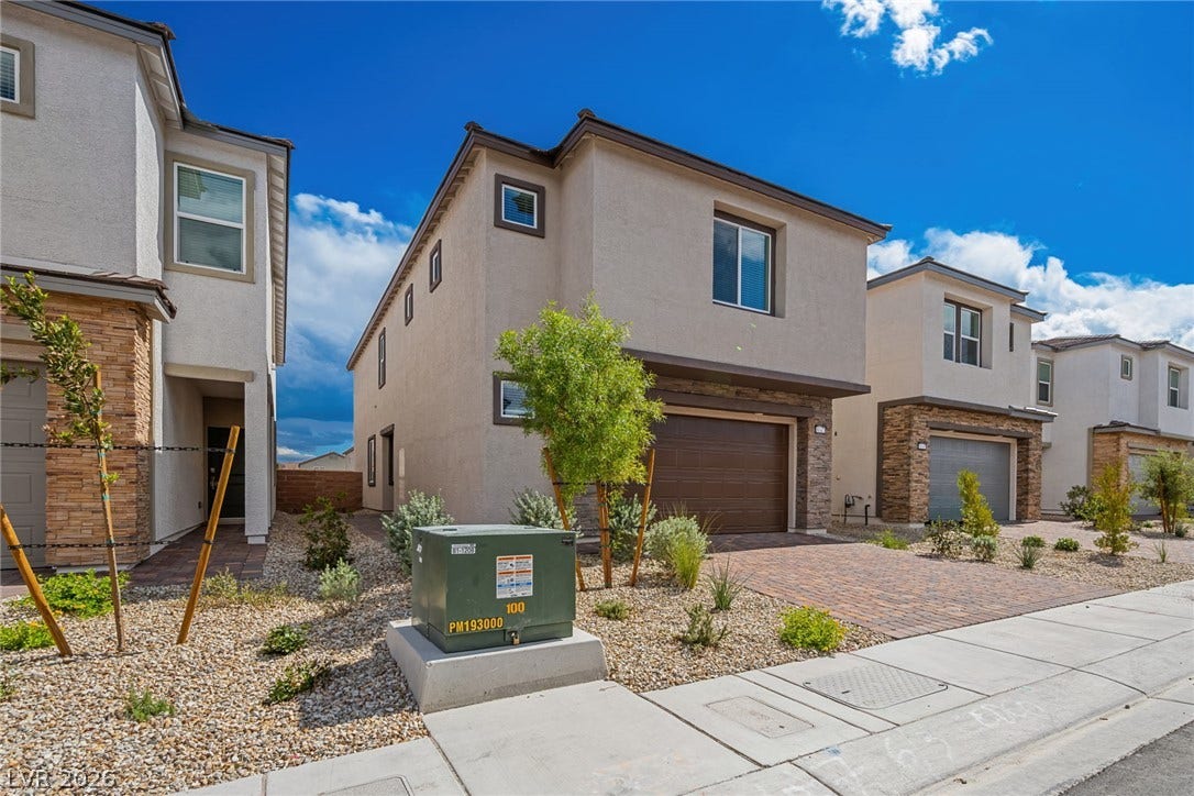 8142 Gusty Brook Street, Las Vegas, NV 89113 Stucco and stone veneer exterior detailing defines this modern multi-level residential design.