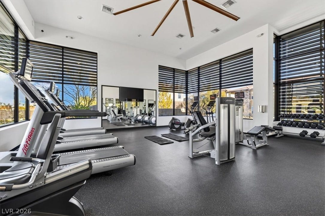11280 Granite Ridge Drive, #1048, Las Vegas, NV 89135 High ceilings and tall windows bring abundant natural light into this spacious workout room.