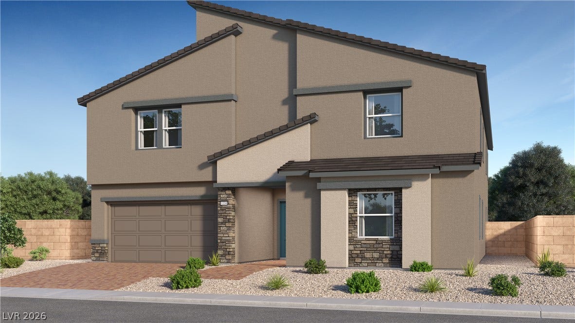 Striking contemporary architecture pairs stucco surfaces with cultured stone accents and a tiled roof line.
