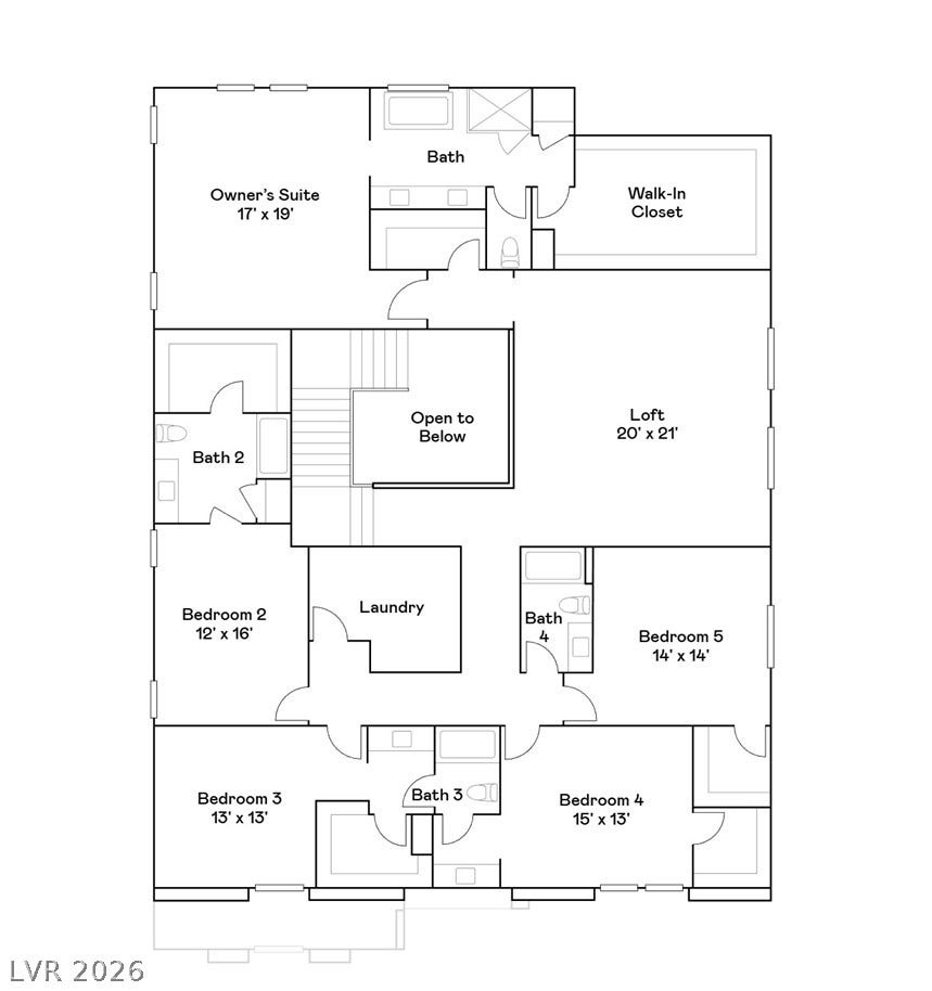 A well-designed upper level floor plan displays multiple bedrooms and a central loft area.