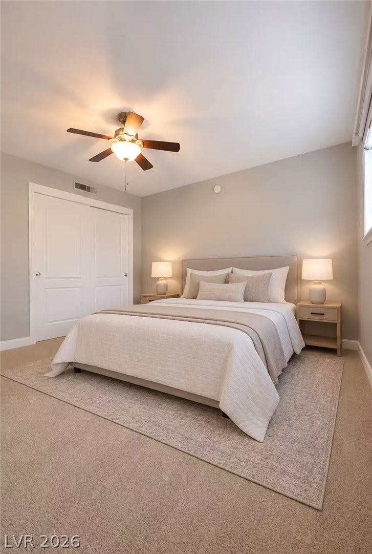 2838 Loveland Drive, #1608, Las Vegas, NV 89109 A tranquil sleeping space featuring carpeted flooring and a built-in closet.