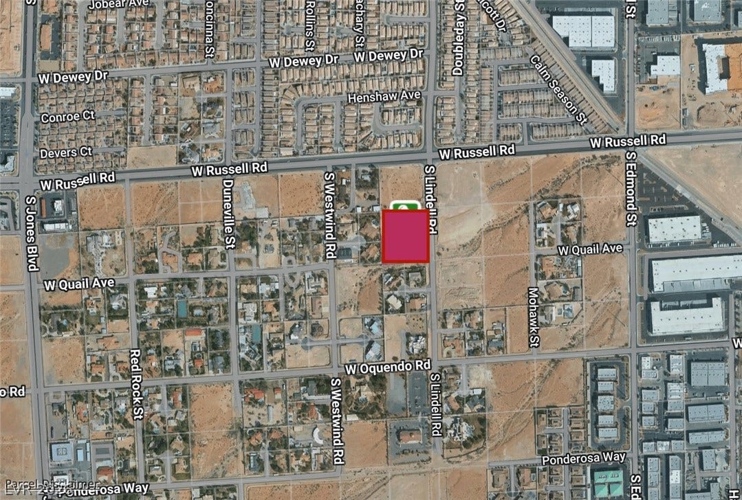 Lindell, Las Vegas, NV 89118 An aerial map highlights the specific parcel boundaries within the surrounding suburban neighborhood development.