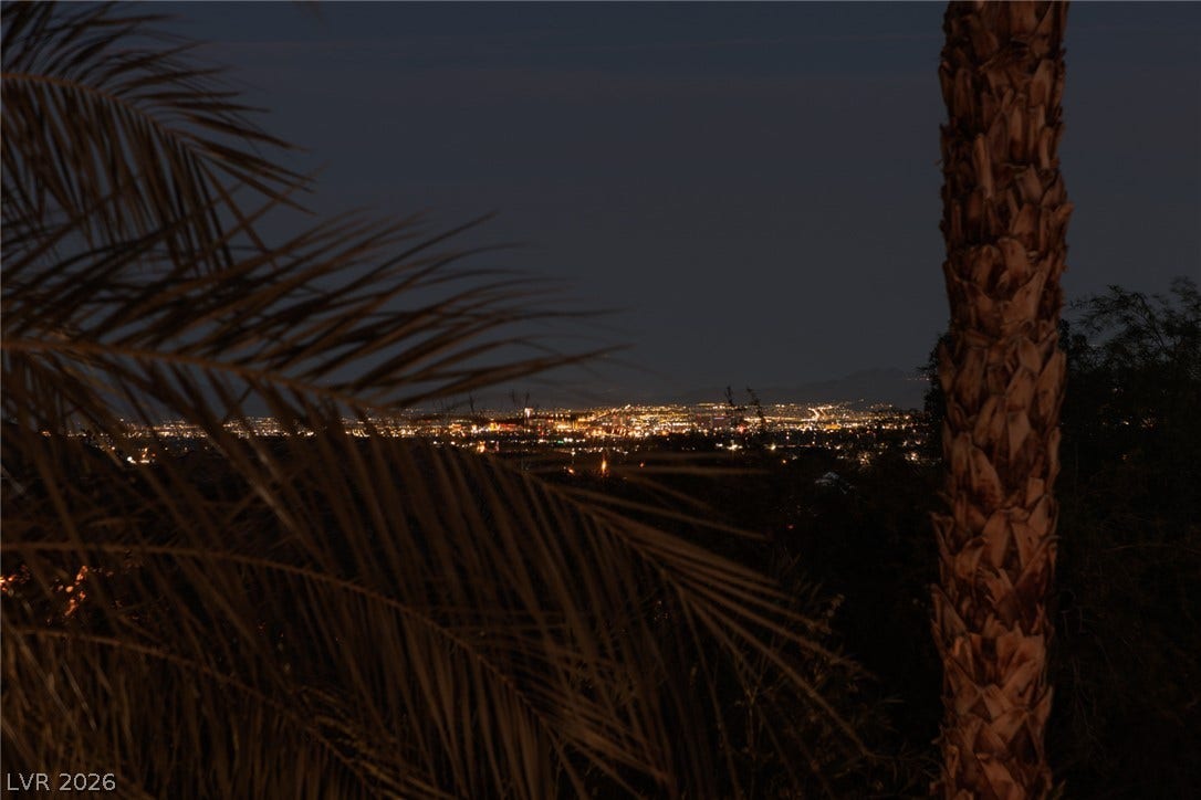 9795 Amador Ranch Avenue, Las Vegas, NV 89149 Glimmering city lights create a dramatic evening panorama framed by mature palms.
