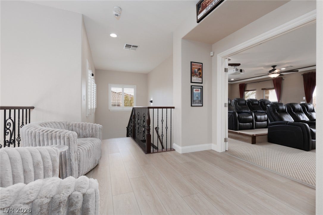 9795 Amador Ranch Avenue, Las Vegas, NV 89149 Gleaming light wood flooring extends through the upper landing adjacent to a spacious media room.