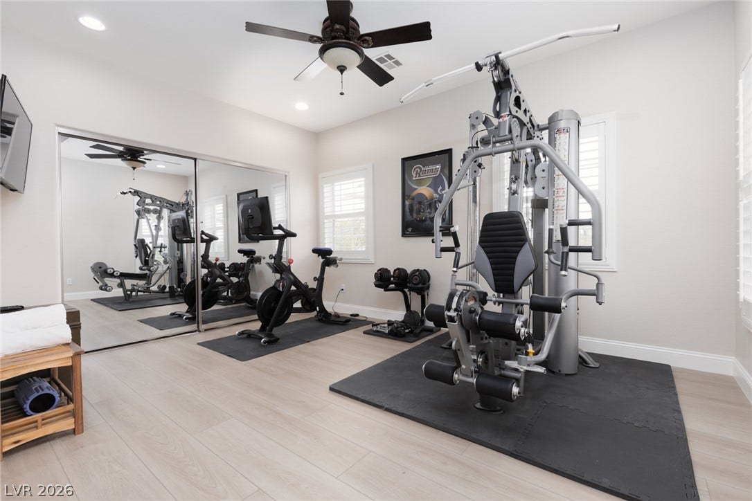 9795 Amador Ranch Avenue, Las Vegas, NV 89149 Gleaming light wood floors and mirrored closets define this versatile home fitness space.