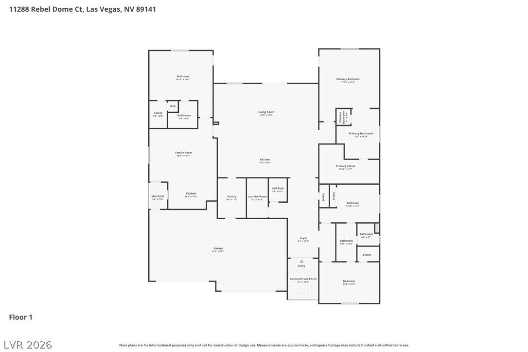11288 Rebel Dome Court, Las Vegas, NV 89141 A detailed layout illustrates the functional flow of this spacious single-level residential floor plan.