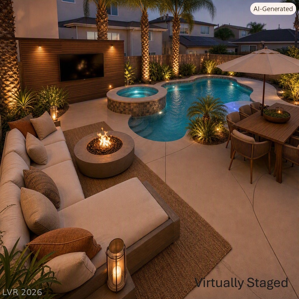 8132 Pink Desert Street, North Las Vegas, NV 89085 An inviting backyard oasis features a freeform pool, integrated spa, and a cozy fire pit lounge area for ultimate outdoor relaxation. This area has been Virtually Staged using AI and is for inspiration only.