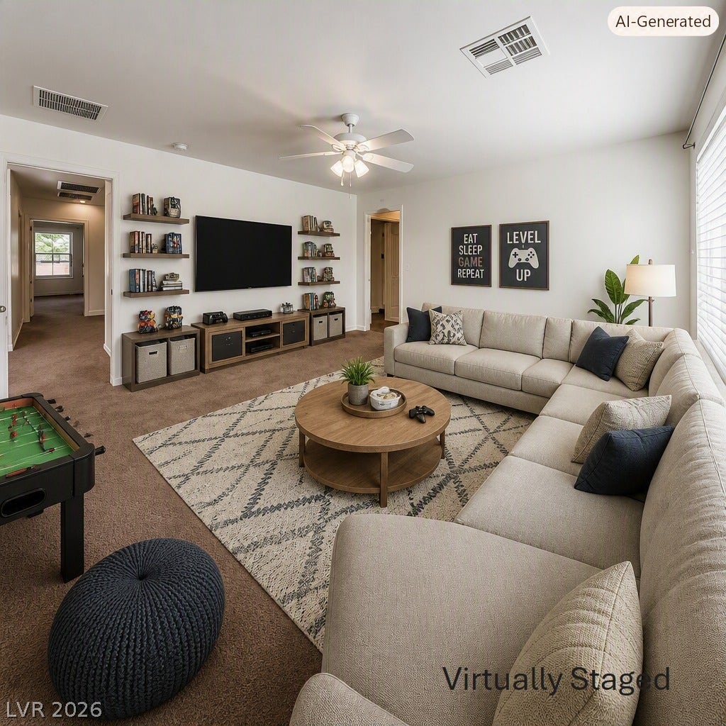 8132 Pink Desert Street, North Las Vegas, NV 89085 The 2nd floor loft provides ample space for relaxation and entertainment with soft carpeting and abundant natural light. This area has been Virtually Staged using AI and is for inspiration only.
