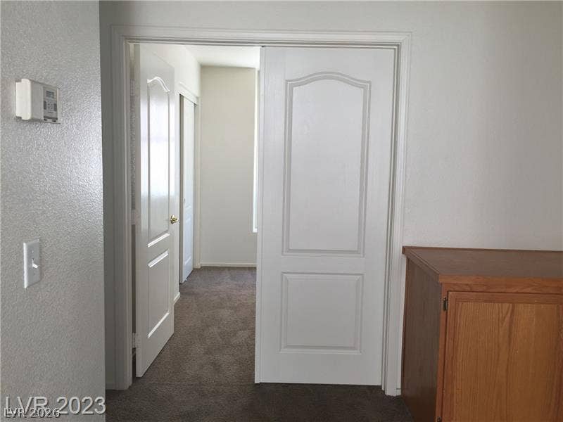 Classic paneled doors frame the transition into an adjoining room with soft carpeted floors.