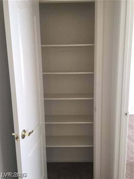 Built-in shelving units maximize storage capacity within this functional linen closet.