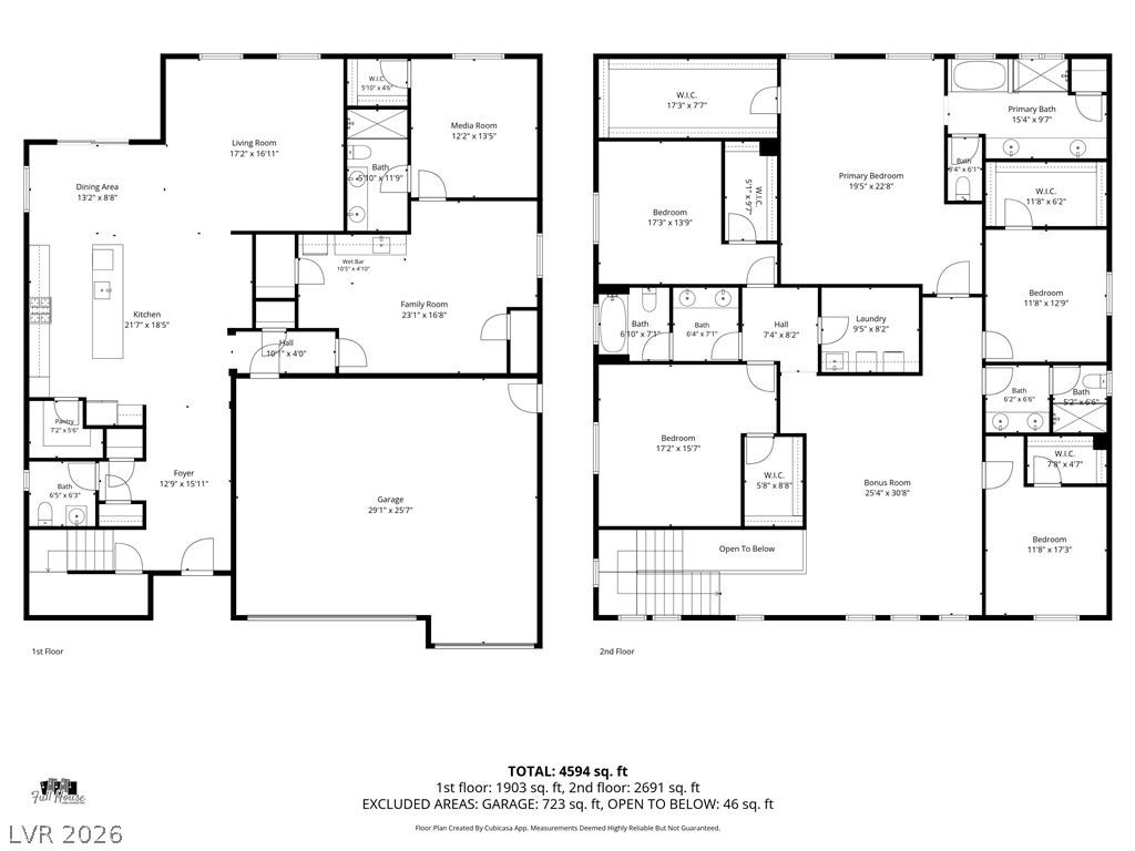 Comprehensive two-story layout showing multiple bedrooms, spacious living areas, and a three-car garage.