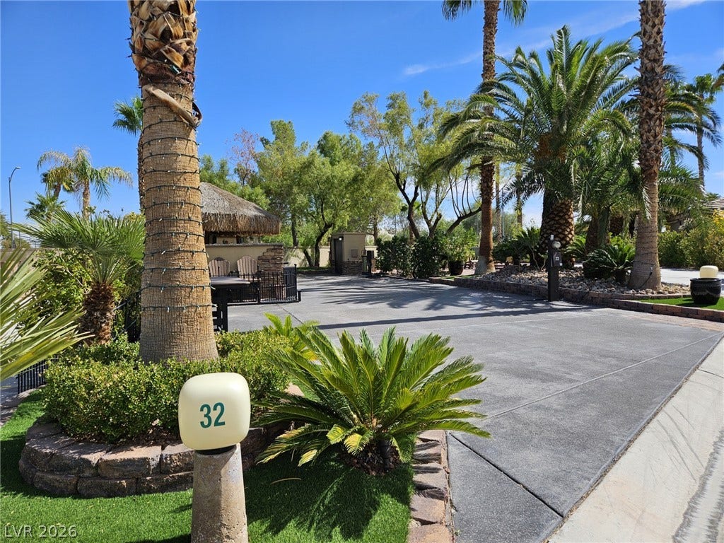 8175 Arville Street, #32, Las Vegas, NV 89139 Lush tropical palm trees frame a pristine concrete driveway under a clear blue sky.