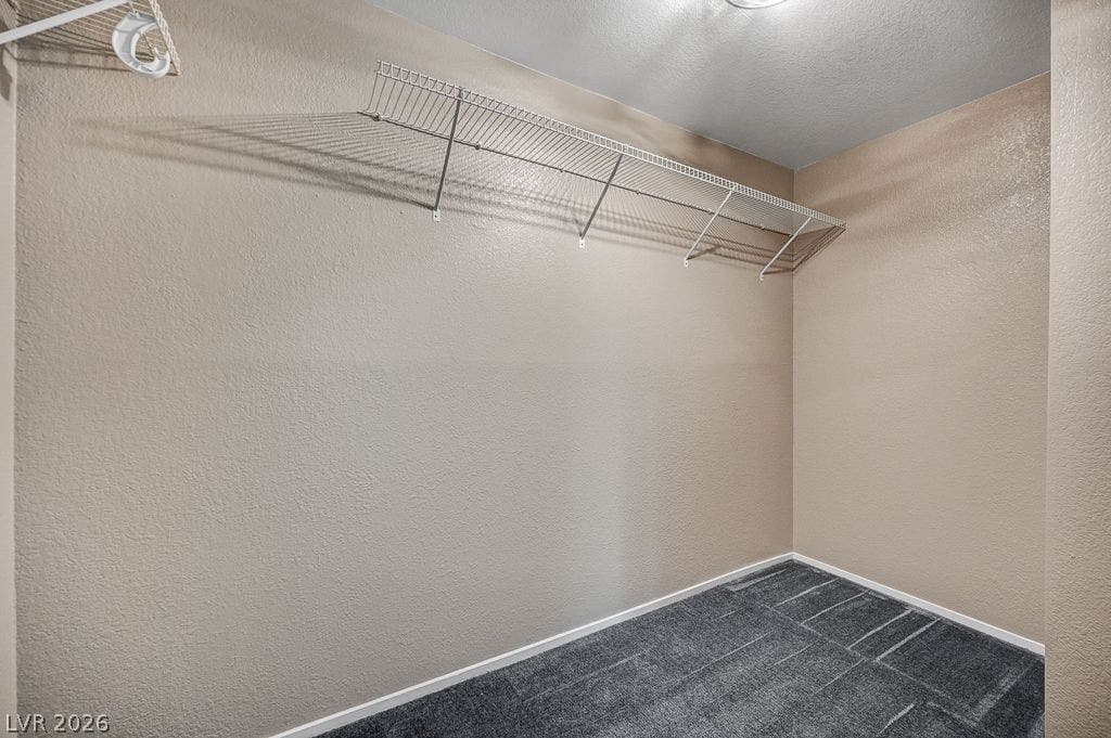 2191 Pinetop Lane, #104, Las Vegas, NV 89119 An organized walk-in closet features wall-mounted wire shelving and plush carpeting.