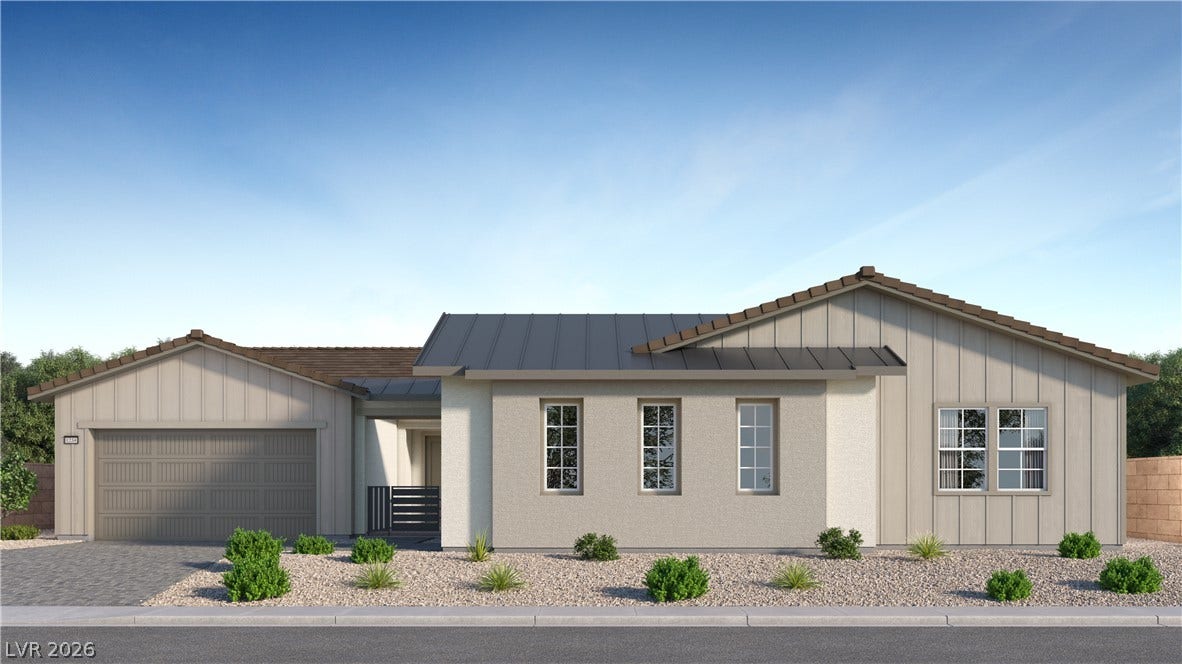 12412 Breezy Bluff Avenue, Las Vegas, NV 89138 Clean lines and a blend of siding textures define this contemporary single-level exterior design.