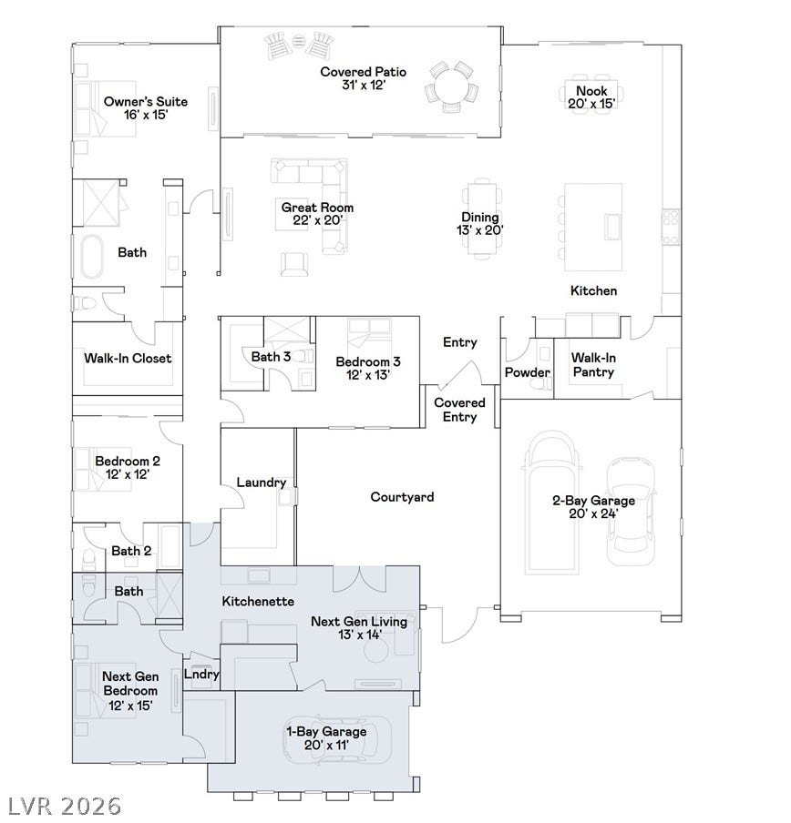 12412 Breezy Bluff Avenue, Las Vegas, NV 89138 An organized floor plan reveals a spacious open layout with multi-generational living quarters.