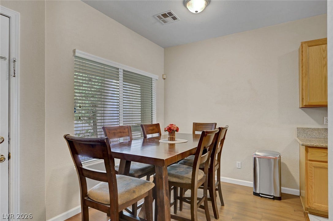 7450 S Eastern Avenue, #1064, Las Vegas, NV 89123 An inviting eating area transitions smoothly to the kitchen and outdoor access through large windows.