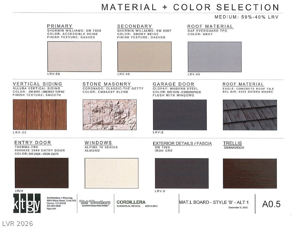 11869 Stone Run Avenue, Las Vegas, NV 89138 Comprehensive material and color selection palette detailing high-quality exterior finishes for the home.