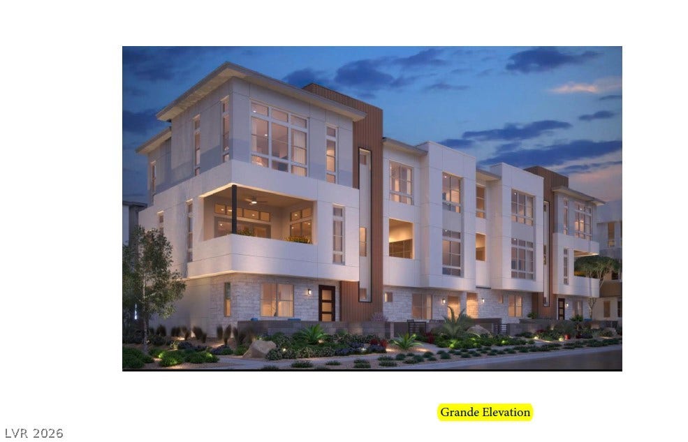 11869 Stone Run Avenue, Las Vegas, NV 89138 Multi-level modern townhomes display clean architectural lines and integrated outdoor courtyard and covered balcony.