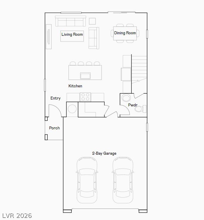 A detailed layout illustrates the functional flow of this modern main level design.