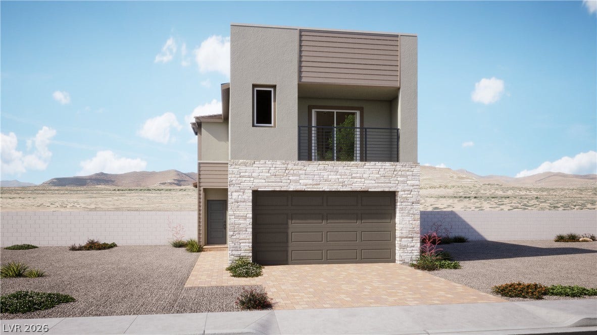 A modern multi-level exterior displays clean architectural lines with stone accents and a private balcony.