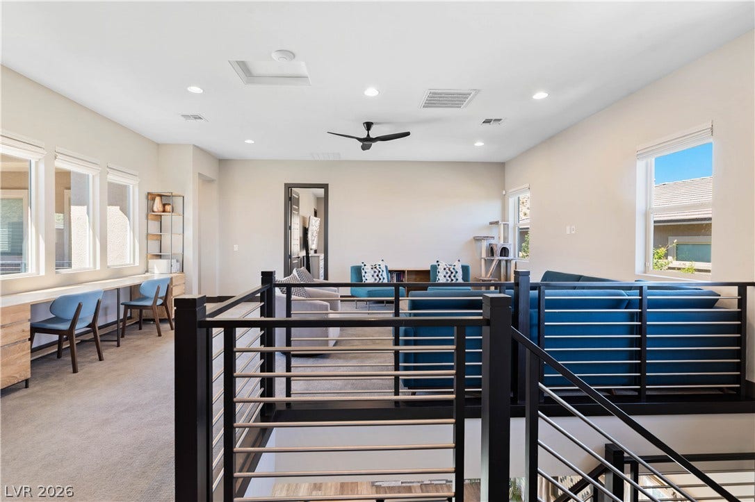 2999 The Peaks Lane, Las Vegas, NV 89138 An open upstairs loft features plush carpeting, recessed lighting, and a modern stair railing.