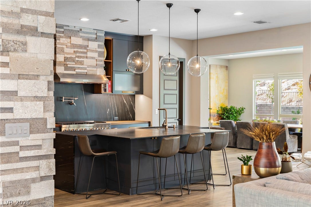 2999 The Peaks Lane, Las Vegas, NV 89138 2023 kitchen remodel features soapstone & butcher block counters, custom walnut cabinetry & a prep kitchen in the butlers pantry.
