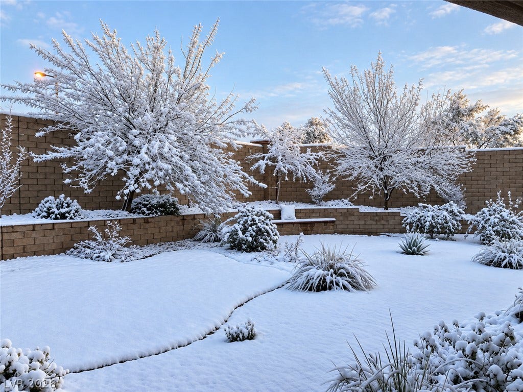 11886 Corenzio Avenue, Las Vegas, NV 89138 A masonry retaining wall lines the back boundary of this snow-covered courtyard.