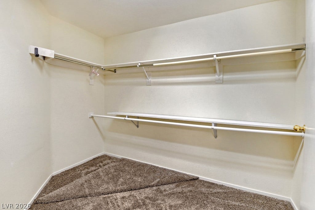 A spacious walk-in closet includes carpeted flooring and built-in hanging rods.
